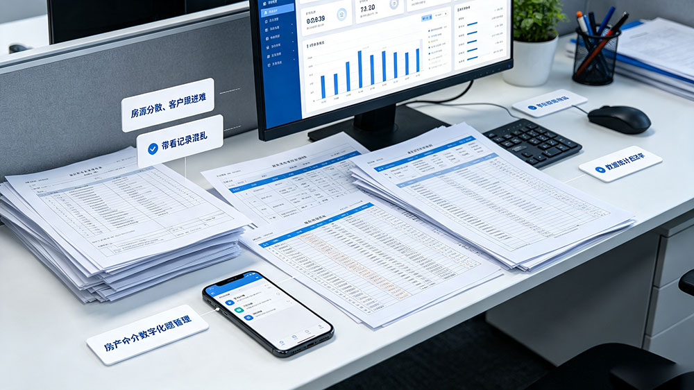 房产中介日常经营中的房源、客户与带看管理痛点示意