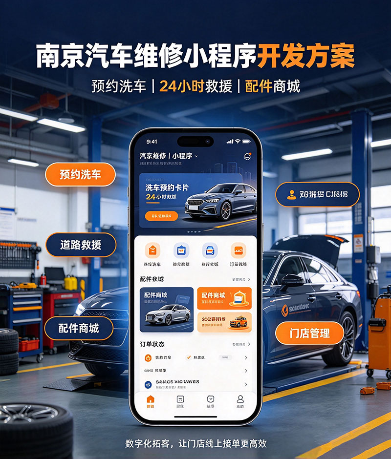 南京汽车维修小程序开发方案:预约洗车、24小时救援与配件商城数字化拓客
